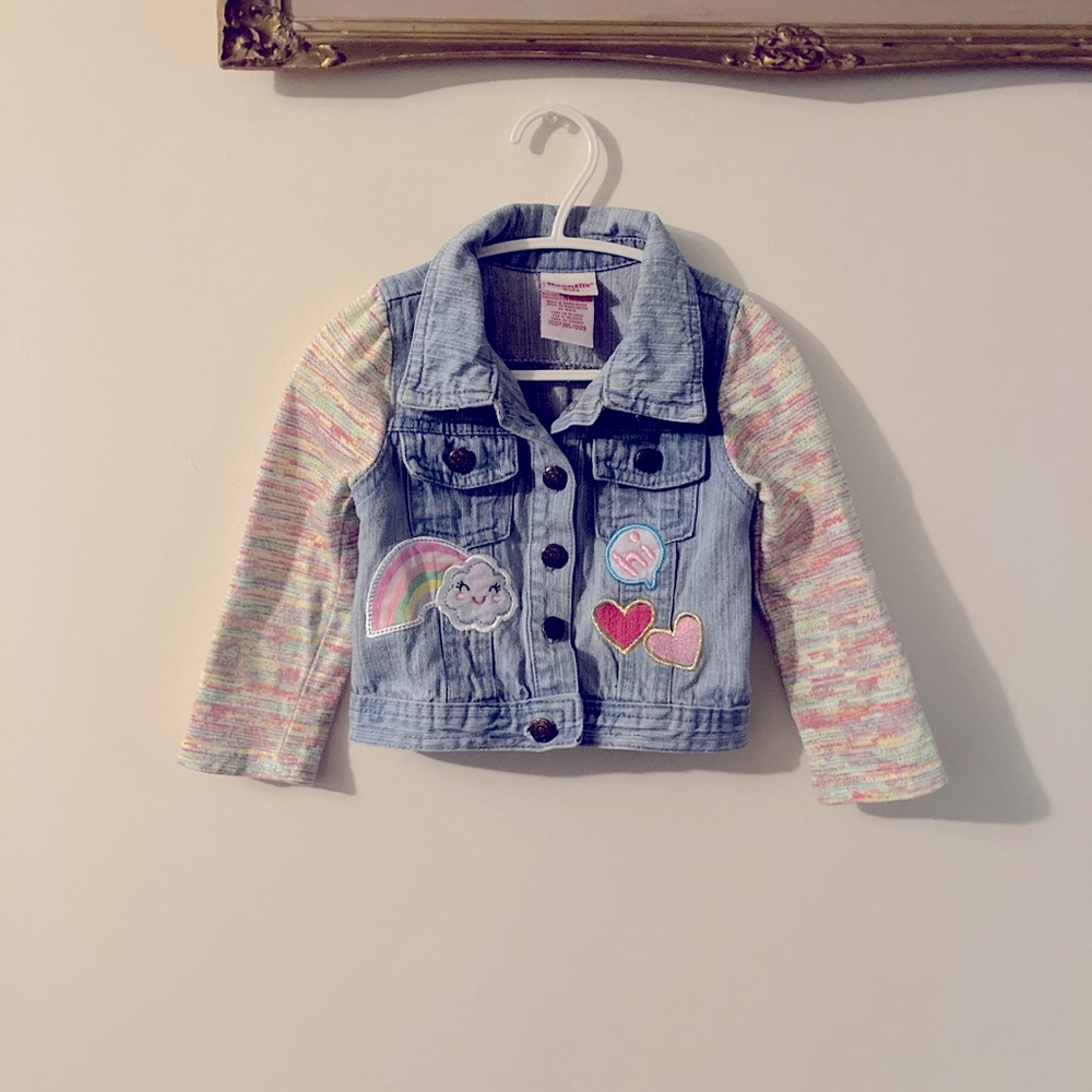 Vintage Nanette Denim Jacket with Rainbow Sleeves and Patches Size 18-24 Months